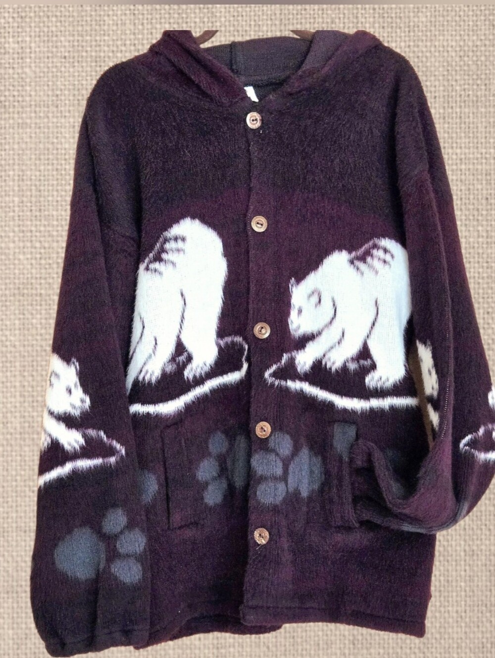 Vintage Inca Import Soft Polar Bear Hooded Sweater Jacket Burgundy Ecuador Sz XL